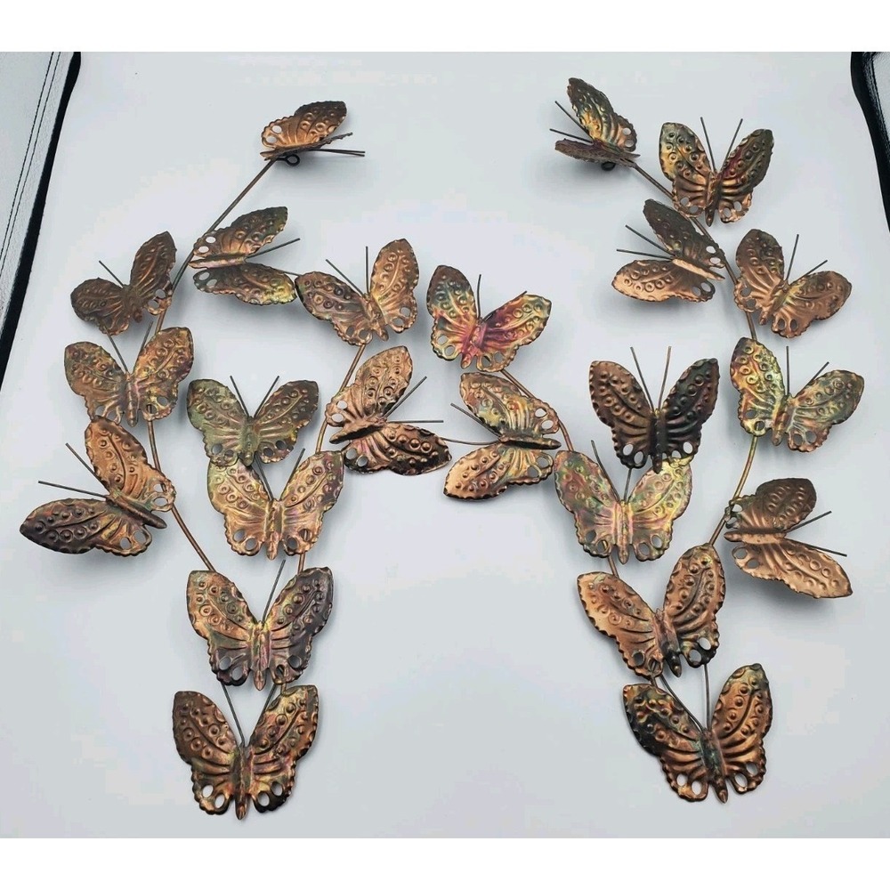 Vintage Set of 2 Copper Textured Butterfly Wall Hanging Home Interiors